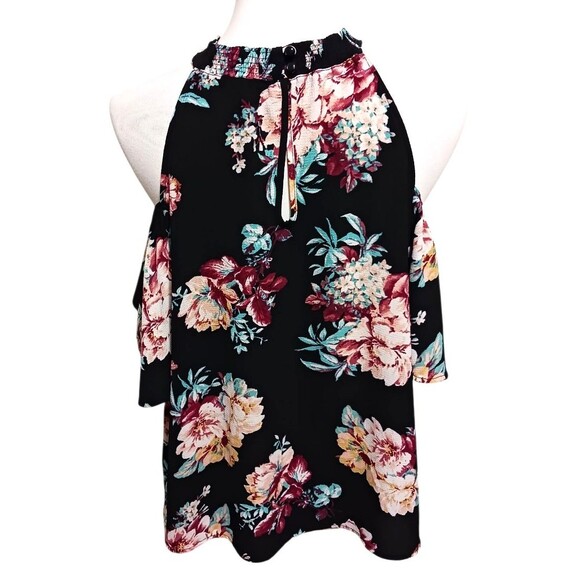 Lily Black Cold Shoulder Womens XL Black Floral Keyhole Back Flowy Top Blouse - Picture 2 of 7
